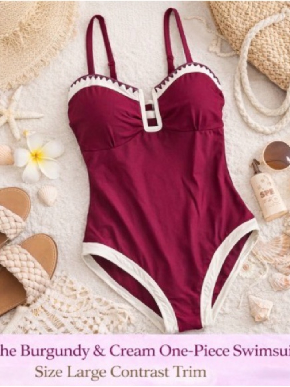 Cupshe Burgundy & Cream One Piece Swimsuit Size Large Contrast Trim - Picture 3 of 7